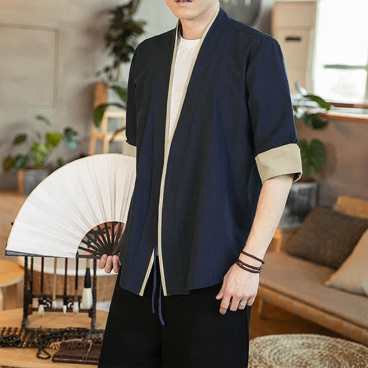 Buddha Stones Summer Tang Style Minimalist Drawstring V-Neck Solid Three-Quarter Sleeve Men's Kimono - image 1