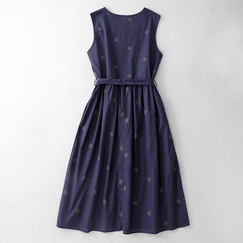 Buddha Stones MidnightBlue Printing Lace-Up Design Sleeveless Midi Dress With Pockets - image 1