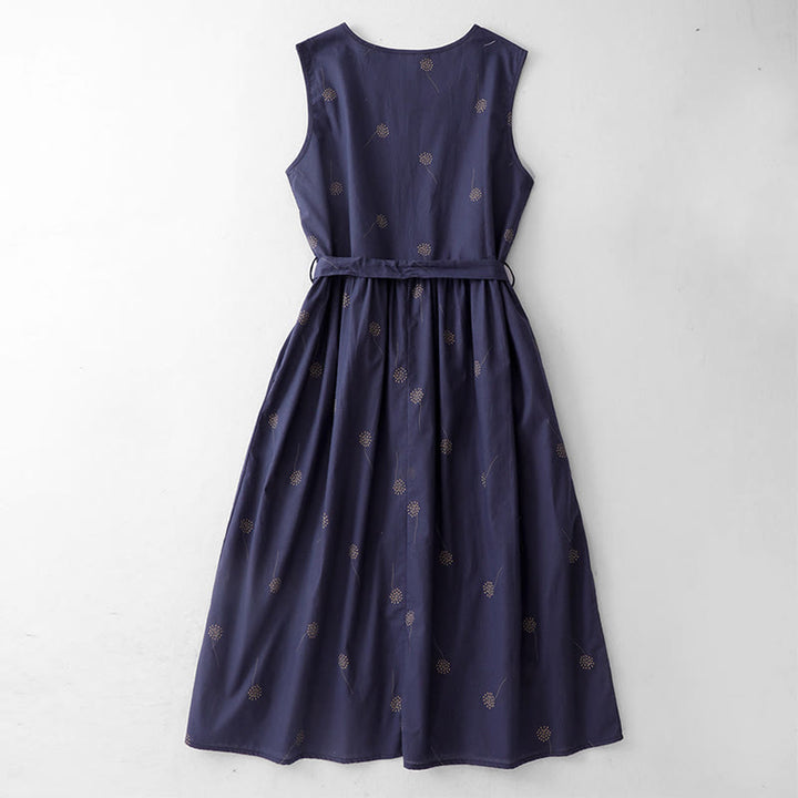 Buddha Stones MidnightBlue Printing Lace-Up Design Sleeveless Midi Dress With Pockets - image 1