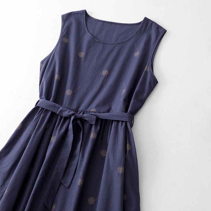 Buddha Stones MidnightBlue Printing Lace-Up Design Sleeveless Midi Dress With Pockets - image 2