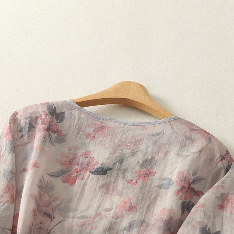 Buddha Stones Summer Tang Style Vintage Frog Button V-Neck Floral Women's Elbow-Length Sleeve Shirts - image 8