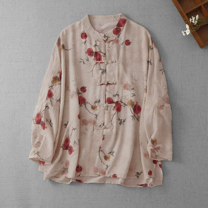 Buddha Stones Summer Tang Style Vintage Frog Button Pomegranate Print Women's Short Sleeve Shirts - Beige - US14, UK/AU18, EU46 (2XL) - image 0