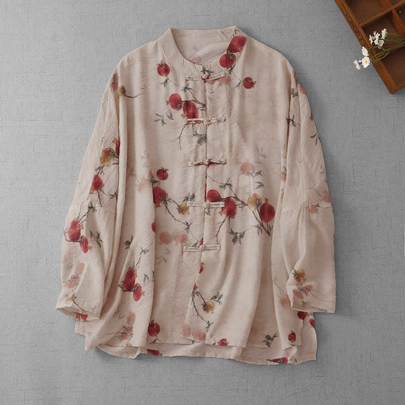 Buddha Stones Summer Tang Style Vintage Frog Button Pomegranate Print Women's Long Sleeve Shirts - Beige - US14, UK/AU18, EU46 (2XL) - image 0