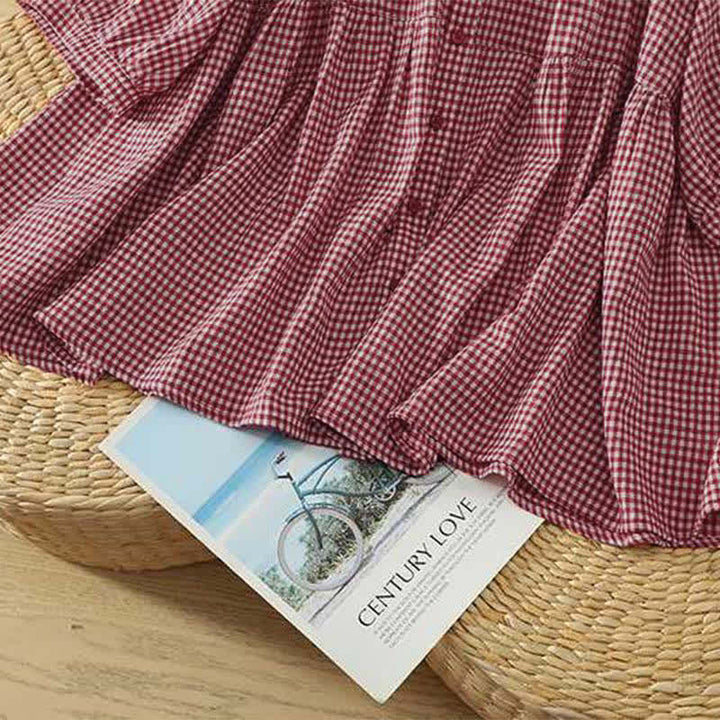 Buddha Stones Summer Casual Vintage Button-Up Red Plaid Crew Neck Women's Short Sleeve Shirts - image 8