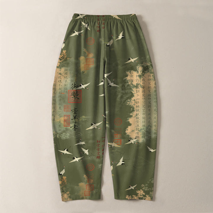 Buddha Stones Pure Cotton Crane Cloud Calligraphy Pattern Drawstring Men's Tapered Pants With Pockets - image 14