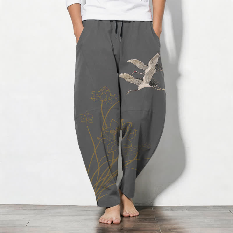 Buddha Stones Pure Cotton Flying Crane Lotus Pattern Drawstring Men's Tapered Pants With Pockets - DimGray - US/UK/AU50，EU60 (5XL) - image 0