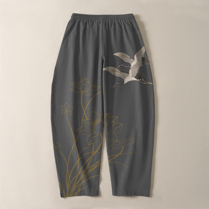 Buddha Stones Pure Cotton Flying Crane Lotus Pattern Drawstring Men's Tapered Pants With Pockets - image 3