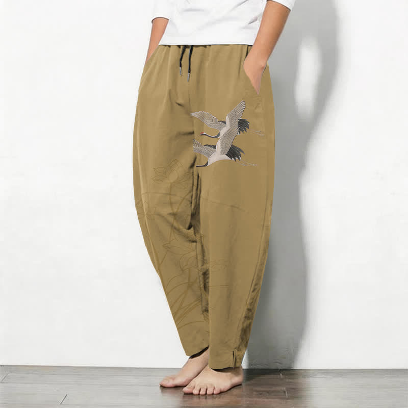 Buddha Stones Pure Cotton Flying Crane Lotus Pattern Drawstring Men's Tapered Pants With Pockets - image 8