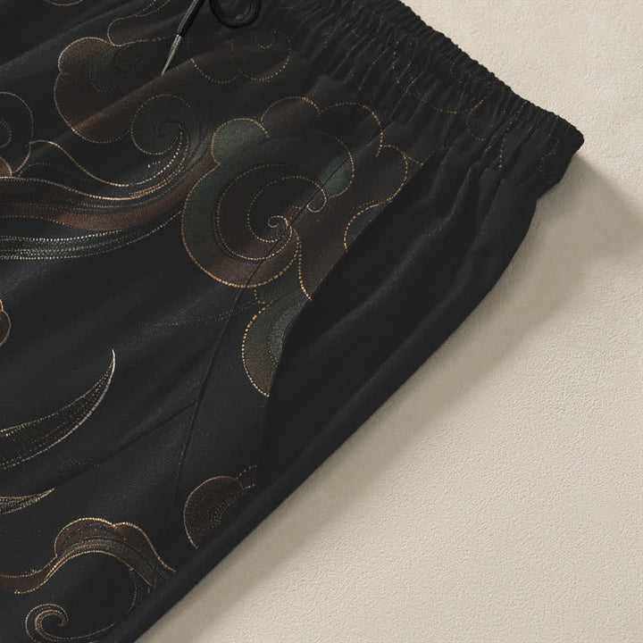 Buddha Stones Pure Cotton Crane Cloud Wave Pattern Drawstring Men's Tapered Pants With Pockets - image 4