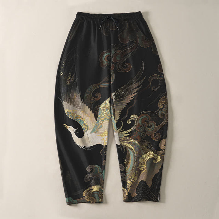 Buddha Stones Pure Cotton Crane Cloud Wave Pattern Drawstring Men's Tapered Pants With Pockets - image 2
