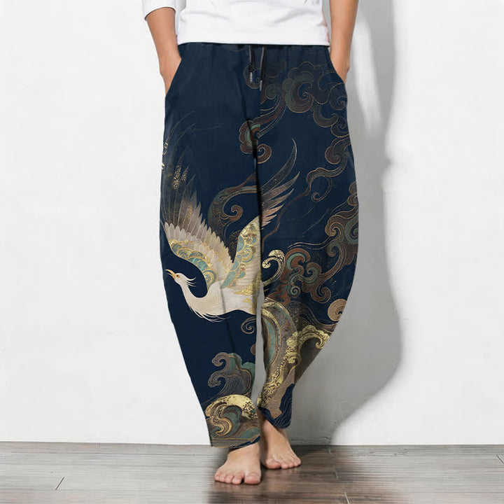 Buddha Stones Pure Cotton Crane Cloud Wave Pattern Drawstring Men's Tapered Pants With Pockets - MidnightBlue - US/UK/AU50，EU60 (5XL) - image 7