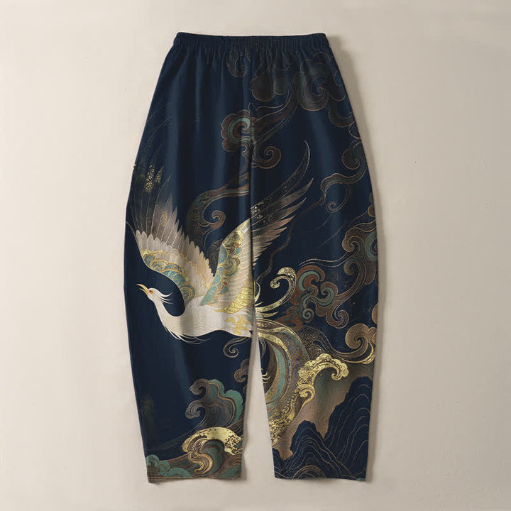 Buddha Stones Pure Cotton Crane Cloud Wave Pattern Drawstring Men's Tapered Pants With Pockets - image 10