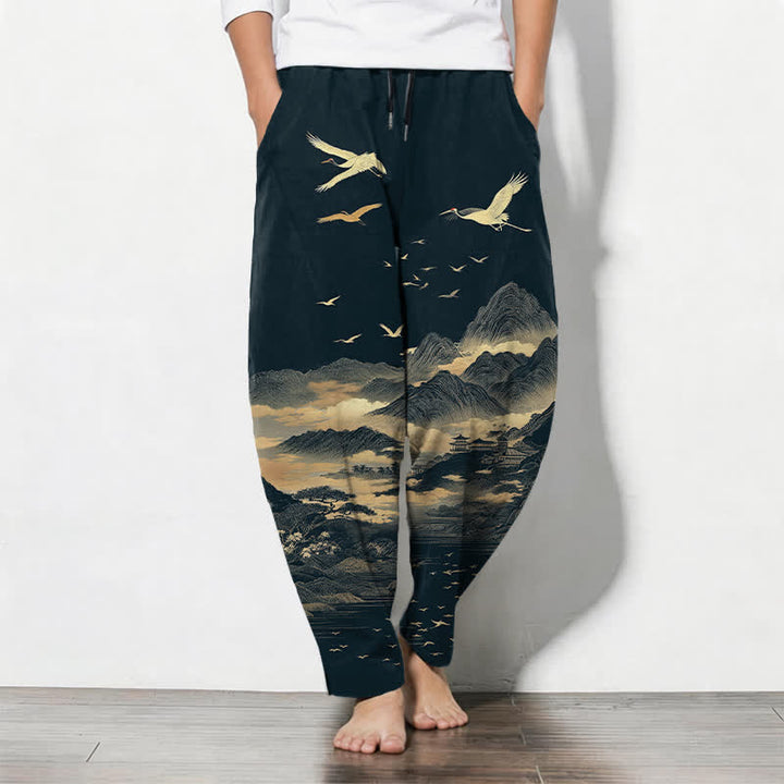 Buddha Stones Pure Cotton Cloud Mountain Crane Pattern Drawstring Men's Tapered Pants With Pockets - MidnightBlue - US/UK/AU50，EU60 (5XL) - image 0
