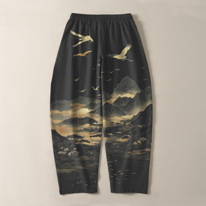 Buddha Stones Pure Cotton Cloud Mountain Crane Pattern Drawstring Men's Tapered Pants With Pockets - image 10