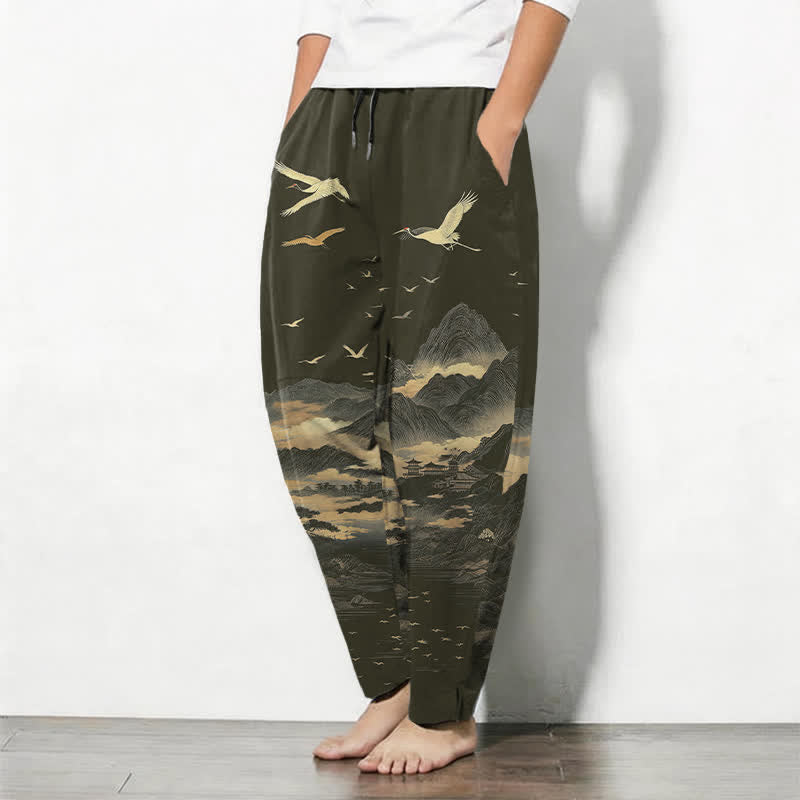 Buddha Stones Pure Cotton Cloud Mountain Crane Pattern Drawstring Men's Tapered Pants With Pockets - image 12