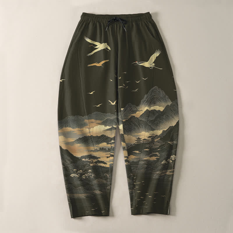 Buddha Stones Pure Cotton Cloud Mountain Crane Pattern Drawstring Men's Tapered Pants With Pockets - image 13