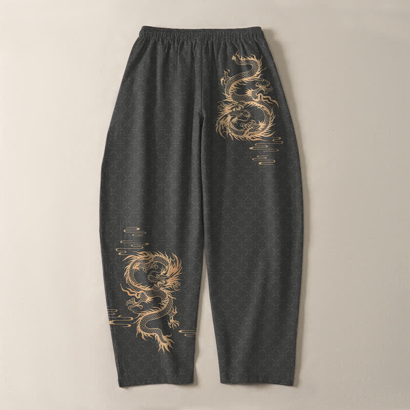 Buddha Stones Pure Cotton Golden Dragon Pattern Drawstring Men's Tapered Pants With Pockets - image 3