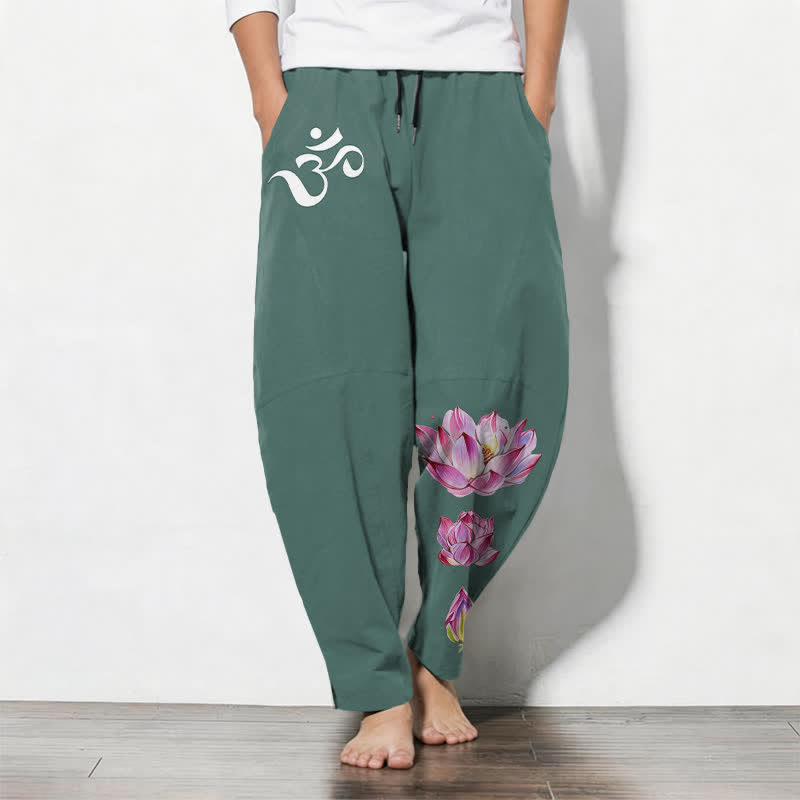 Buddha Stones Pure Cotton Pink Lotus Om Pattern Drawstring Men's Tapered Pants With Pockets - Teal - US/UK/AU50，EU60 (5XL) - image 7