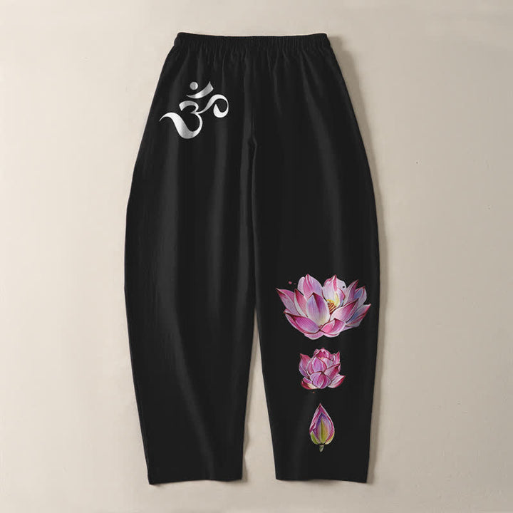 Buddha Stones Pure Cotton Pink Lotus Om Pattern Drawstring Men's Tapered Pants With Pockets - image 14