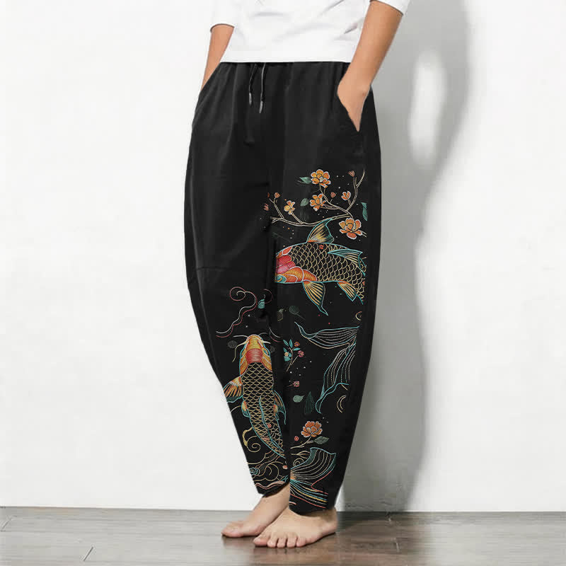 Buddha Stones Pure Cotton Koi Fish Floral Pattern Drawstring Men's Tapered Pants With Pockets - image 1