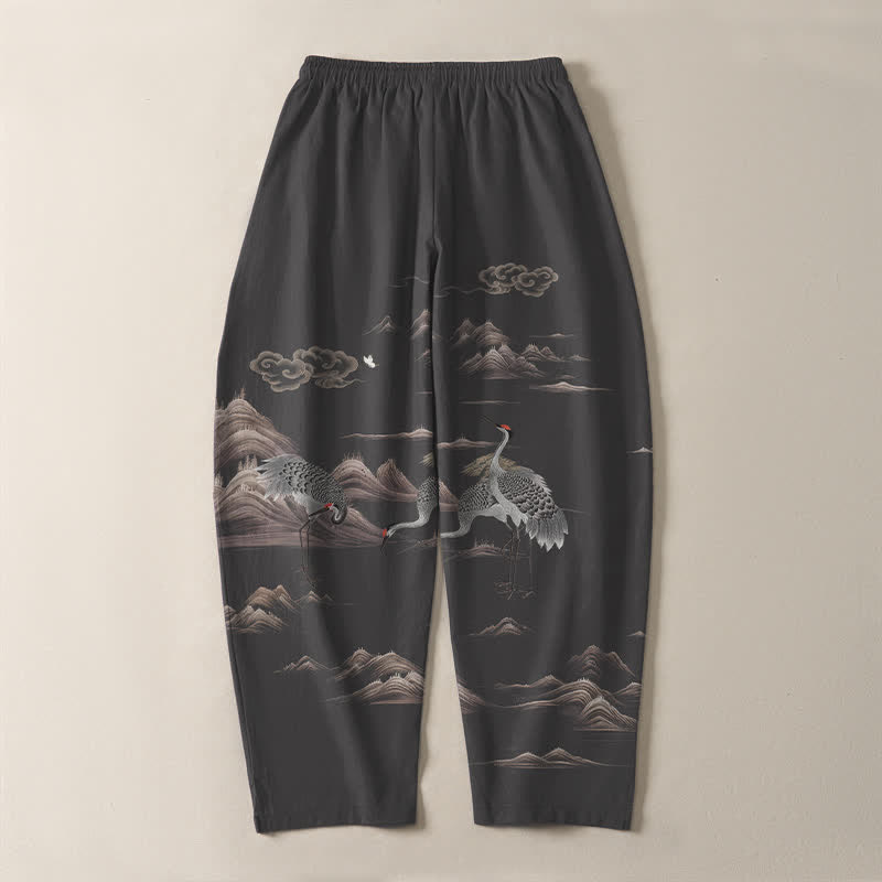 Buddha Stones Pure Cotton Crane Cloud Mountain Pattern Drawstring Men's Tapered Pants With Pockets - image 3