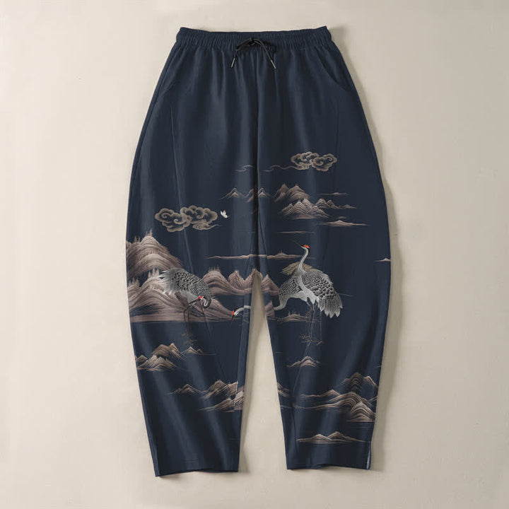 Buddha Stones Pure Cotton Crane Cloud Mountain Pattern Drawstring Men's Tapered Pants With Pockets - image 9