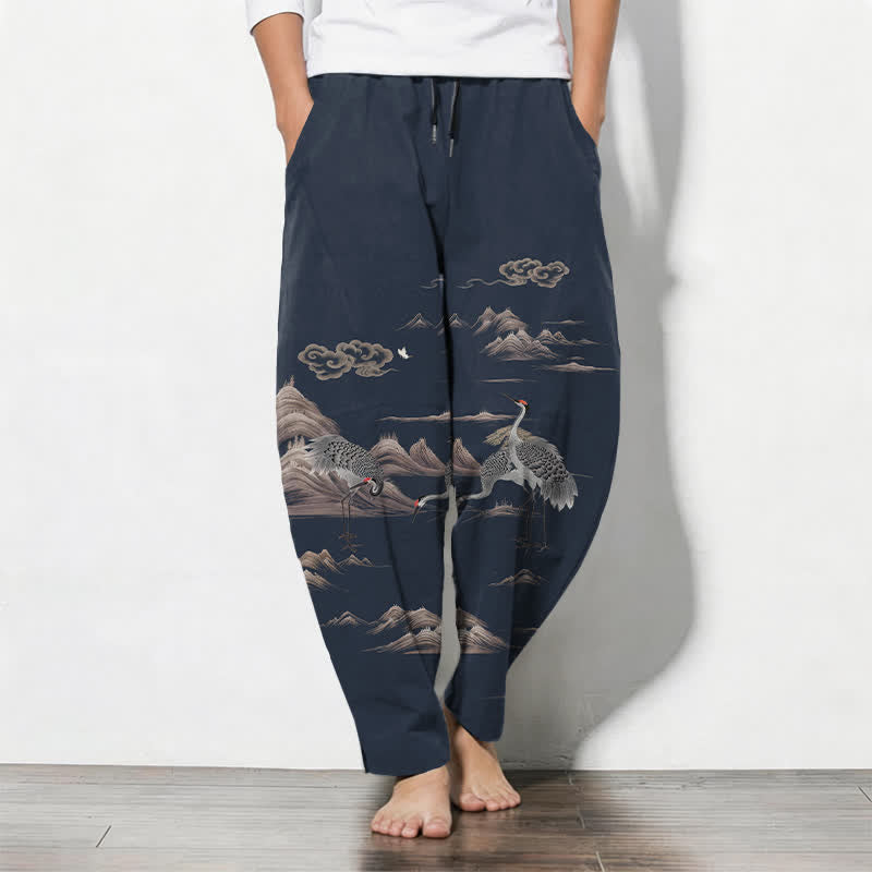 Buddha Stones Pure Cotton Crane Cloud Mountain Pattern Drawstring Men's Tapered Pants With Pockets - MidnightBlue - US/UK/AU50，EU60 (5XL) - image 7
