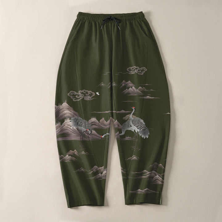 Buddha Stones Pure Cotton Crane Cloud Mountain Pattern Drawstring Men's Tapered Pants With Pockets - image 13