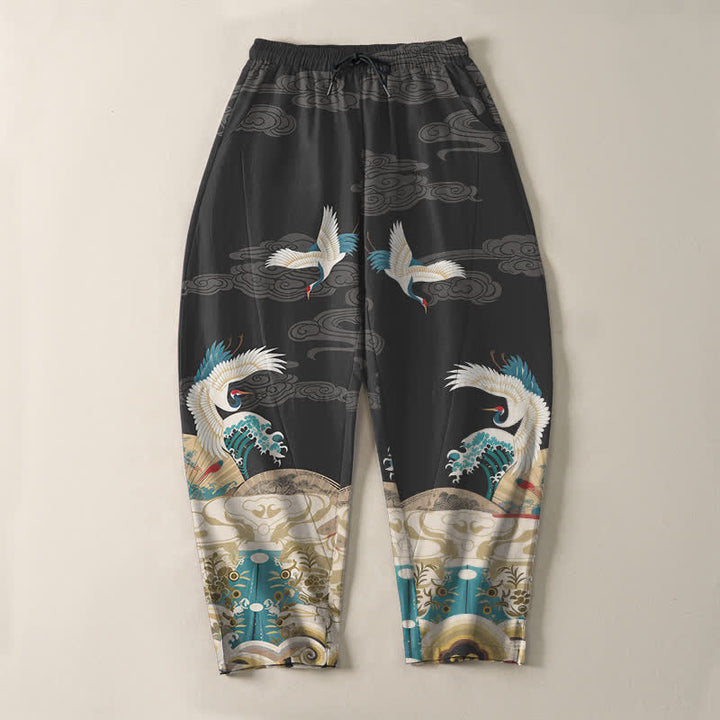 Buddha Stones Pure Cotton Crane Wave Cloud Pattern Drawstring Men's Tapered Pants With Pockets - image 9