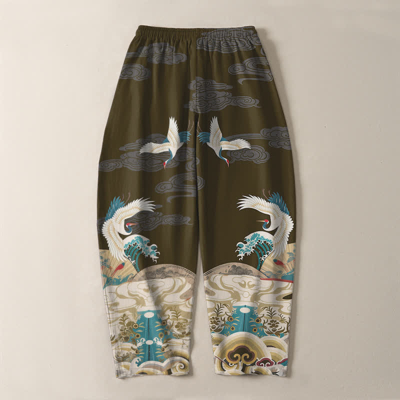 Buddha Stones Pure Cotton Crane Wave Cloud Pattern Drawstring Men's Tapered Pants With Pockets - image 14