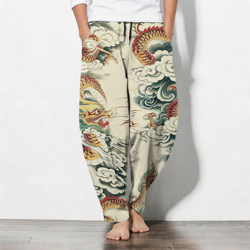 Buddha Stones Pure Cotton Cloud Dragon Pattern Drawstring Men's Tapered Pants With Pockets - Beige - US/UK/AU50，EU60 (5XL) - image 0