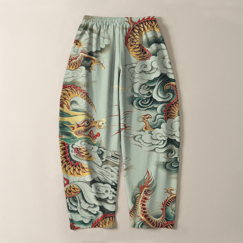 Buddha Stones Pure Cotton Cloud Dragon Pattern Drawstring Men's Tapered Pants With Pockets - image 10