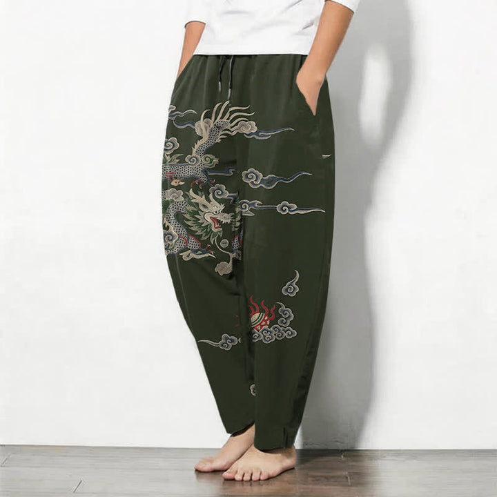 Buddha Stones Pure Cotton Dragon Cloud Fireball Pattern Drawstring Men's Tapered Pants With Pockets - image 8