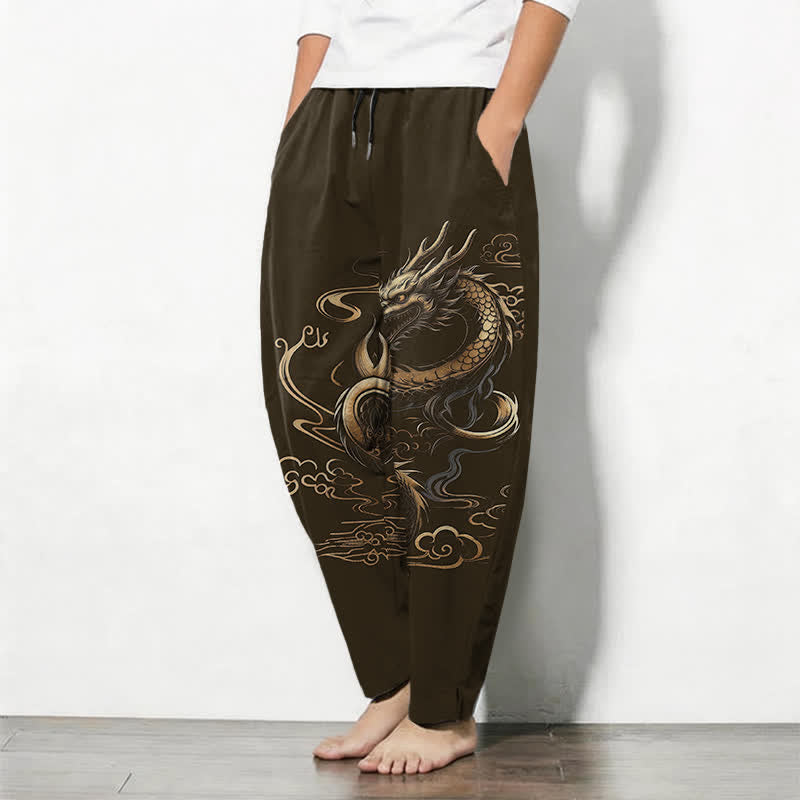 Buddha Stones Pure Cotton Golden Dragon Auspicious Cloud Pattern Drawstring Men's Tapered Pants With Pockets - image 12