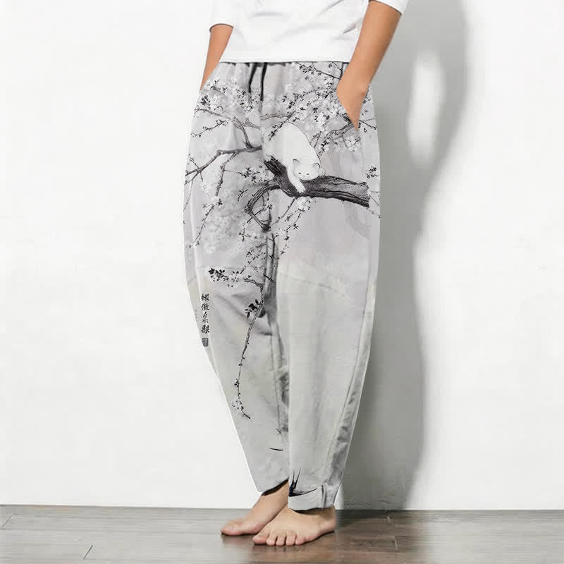 Buddha Stones Pure Cotton Ink Plum Cat Pattern Drawstring Men's Tapered Pants With Pockets - image 1