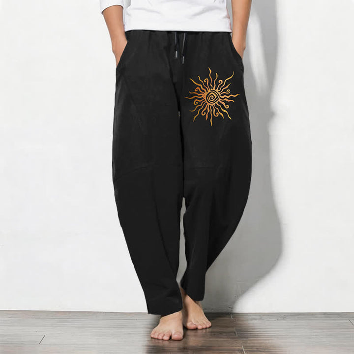 Buddha Stones Pure Cotton Golden Sun Spiral Pattern Drawstring Men's Tapered Pants With Pockets - Black - US/UK/AU50，EU60 (5XL) - image 0