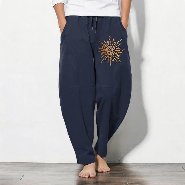 Buddha Stones Pure Cotton Golden Sun Spiral Pattern Drawstring Men's Tapered Pants With Pockets - Navy - US/UK/AU50，EU60 (5XL) - image 7