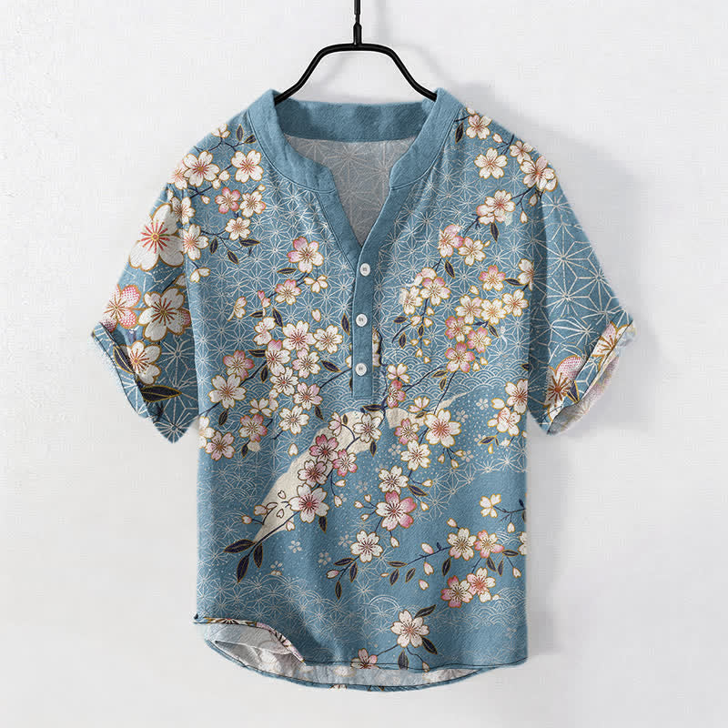 Buddha Stones Cotton Cherry Blossom Geometric Pattern Men's Short Sleeve Half Button Shirt - LightSkyBlue - US/UK/AU50，EU60 (5XL) - image 0