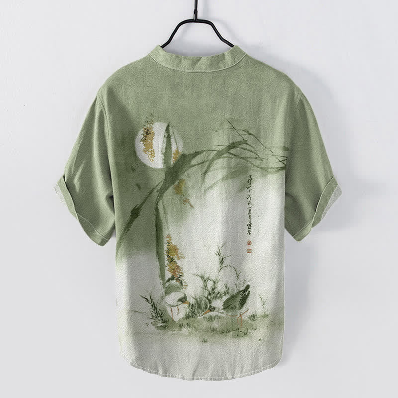 Buddha Stones Cotton Ink Moon Bird Pattern Men's Short Sleeve Half Button Shirt - image 4