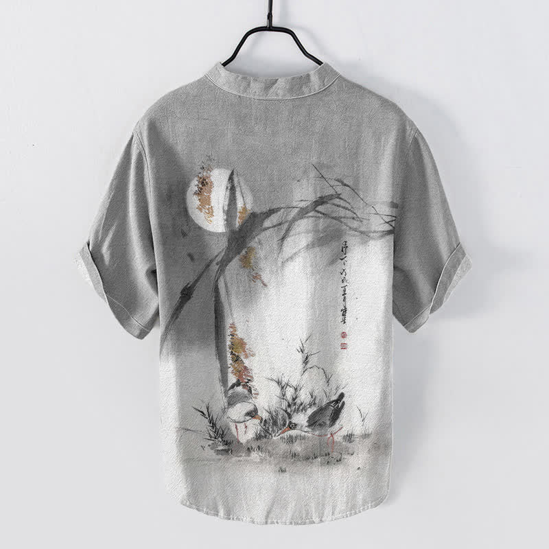 Buddha Stones Cotton Ink Moon Bird Pattern Men's Short Sleeve Half Button Shirt - image 6
