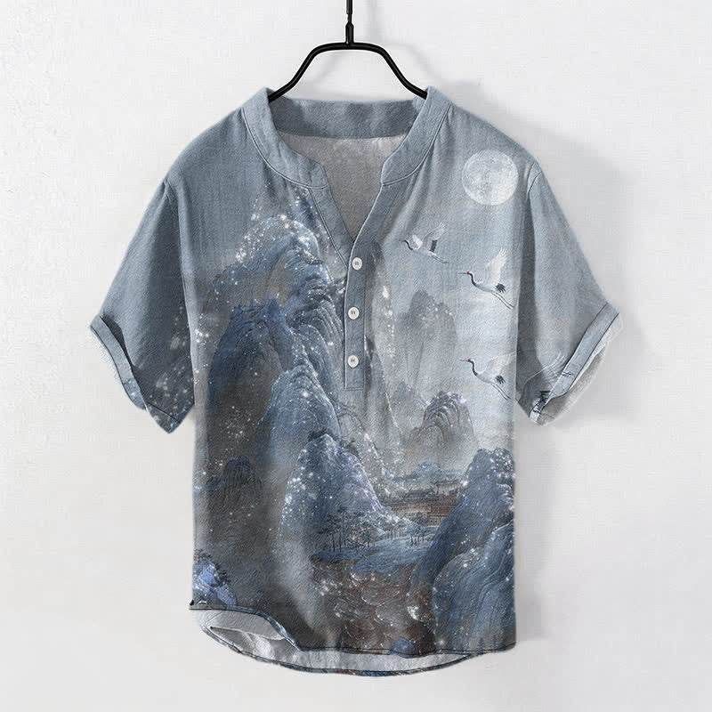 Buddha Stones Cotton Mountain Crane Moon Pattern Men's Short Sleeve Half Button Shirt - LightSteelBlue - US/UK/AU50，EU60 (5XL) - image 5