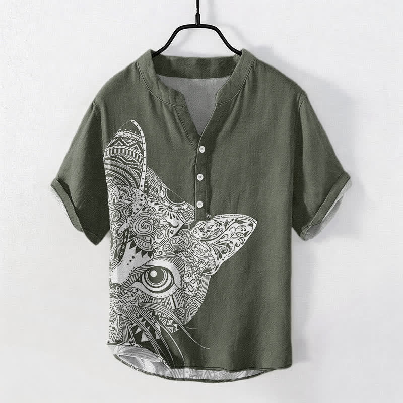 Buddha Stones Cotton Tribal Cat Face Pattern Men's Short Sleeve Half Button Shirt - DarkOliveGreen - US/UK/AU50，EU60 (5XL) - image 5