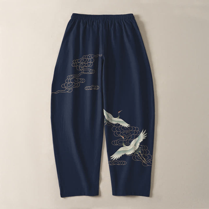 Buddha Stones Pure Cotton Flying Crane Cloud Pattern Drawstring Men's Tapered Pants With Pockets - image 3