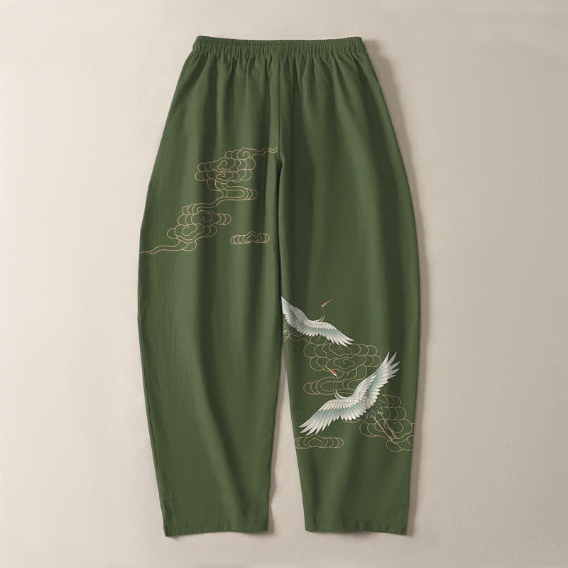 Buddha Stones Pure Cotton Flying Crane Cloud Pattern Drawstring Men's Tapered Pants With Pockets - image 10