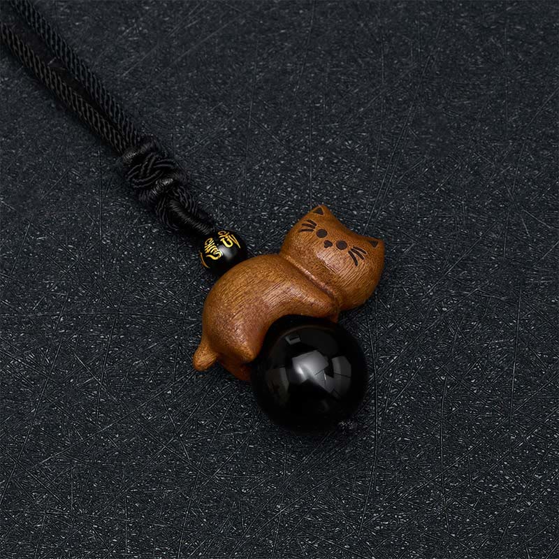 Buddha Stones Sandalwood Cat Black Obsidian Bead Om Mani Padme Hum Bead Protection Rope Necklace - image 3