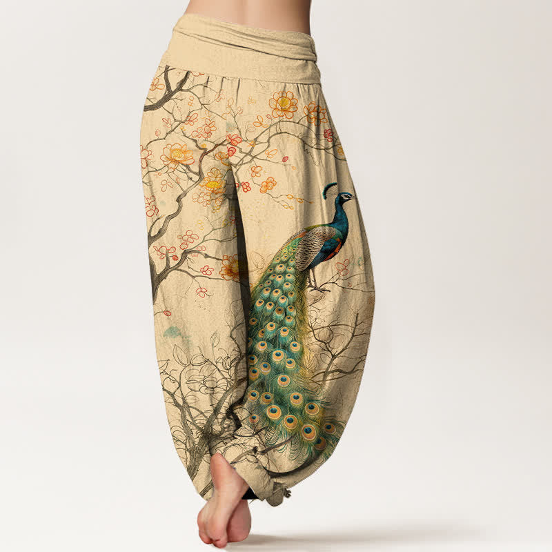 Buddha Stones Cotton Peacock Floral Branch Pattern Women's Elastic Waist Harem Pants - image 2