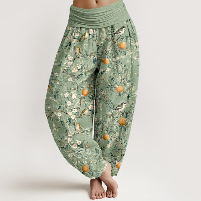 Buddha Stones Cotton Bird Orange Blossom Pattern Women's Elastic Waist Harem Pants - DarkSeaGreen - US16，UK/AU20，EU48 (3XL) - image 8