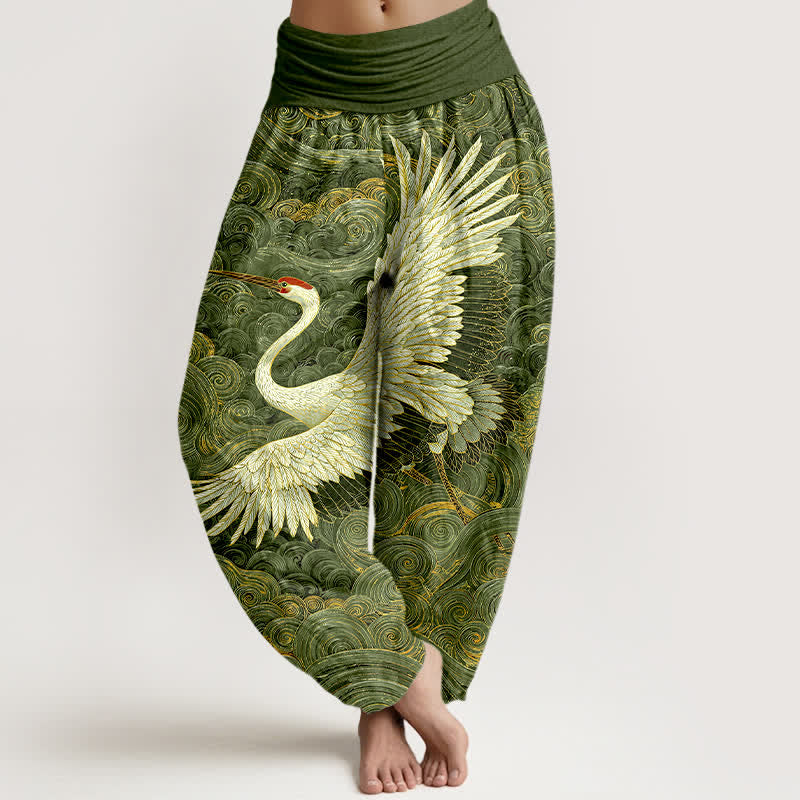 Buddha Stones Cotton White Crane Wave Pattern Women's Elastic Waist Harem Pants - Green - US16，UK/AU20，EU48 (3XL) - image 5