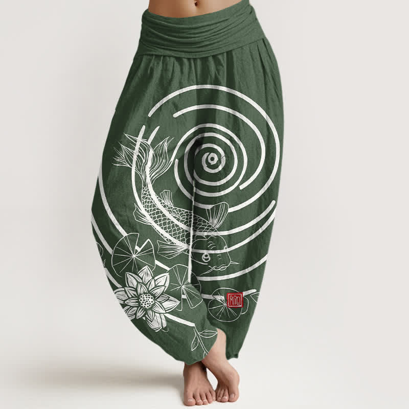 Buddha Stones Cotton Koi Fish Lotus Pattern Women's Elastic Waist Harem Pants - ForestGreen - US16，UK/AU20，EU48 (3XL) - image 5
