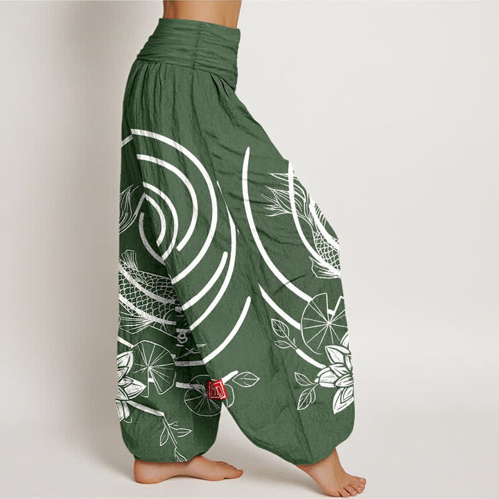 Buddha Stones Cotton Koi Fish Lotus Pattern Women's Elastic Waist Harem Pants - image 7